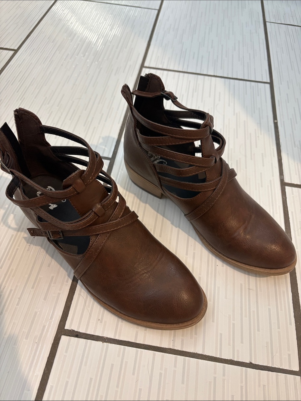 Women's Brown Strappy Ankle Booties with Buckle Detail